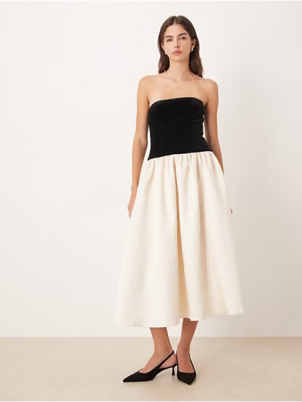 Strapless Black Bodice Cream Midi Dress